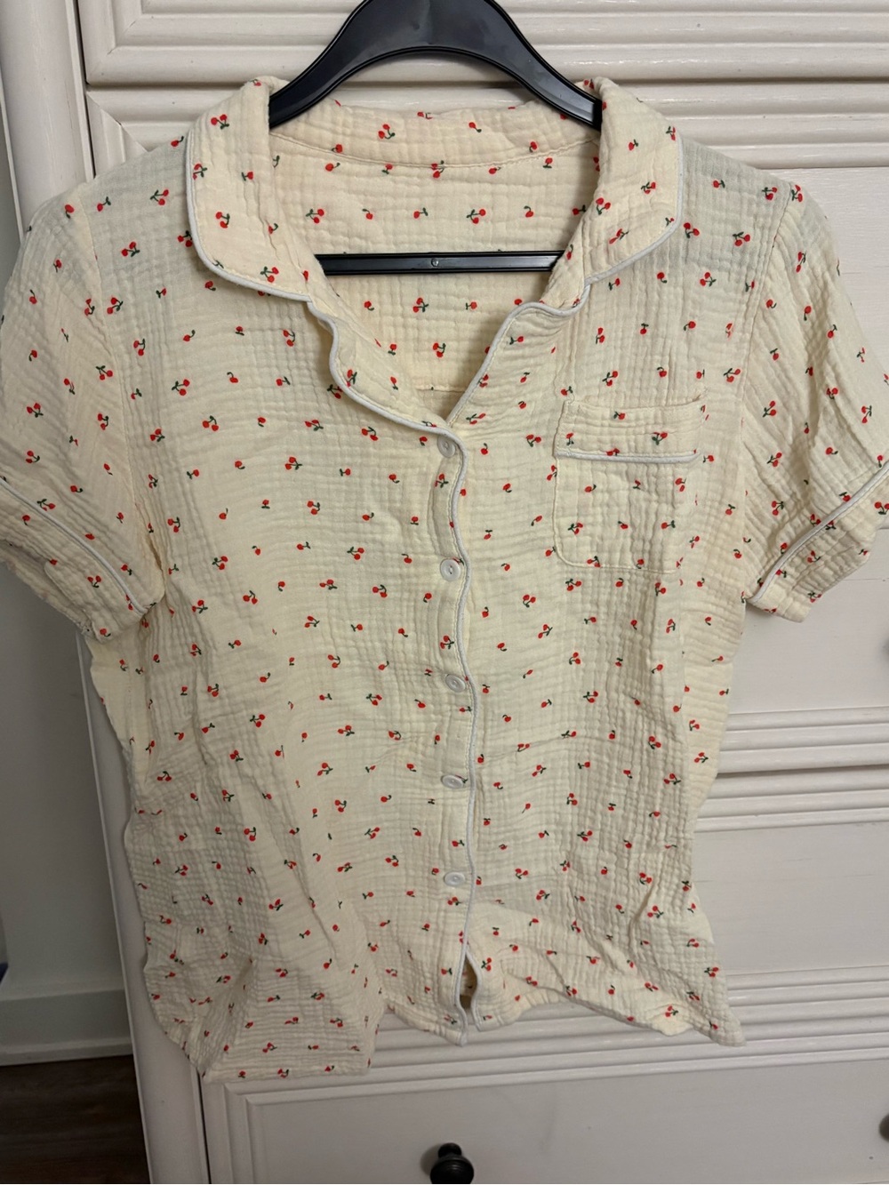 Cream Cherry-Print Short-Sleeve Pajama Top